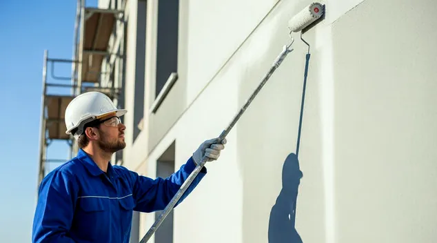 Painter rolling a tall wall on an industrial building in Gardena