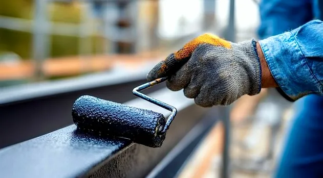 Painter rolling a protective coating on a metal railing in Harbor Gateway